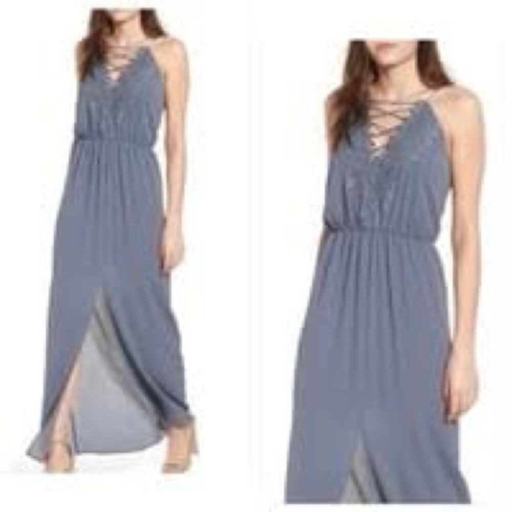 WAYF Posie Maxi Dress Grey Size SMALL Front Slit